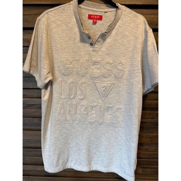 Mens Guess Los Angeles Textured Raised Logo Henley MED Grey Short Sleeve EUC - Picture 1 of 11